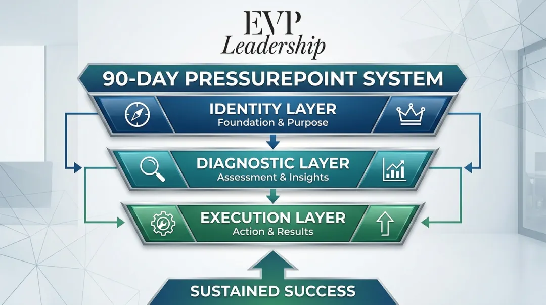 EVP Leadership 90-Day PressurePoint System three-layer recovery framework diagram