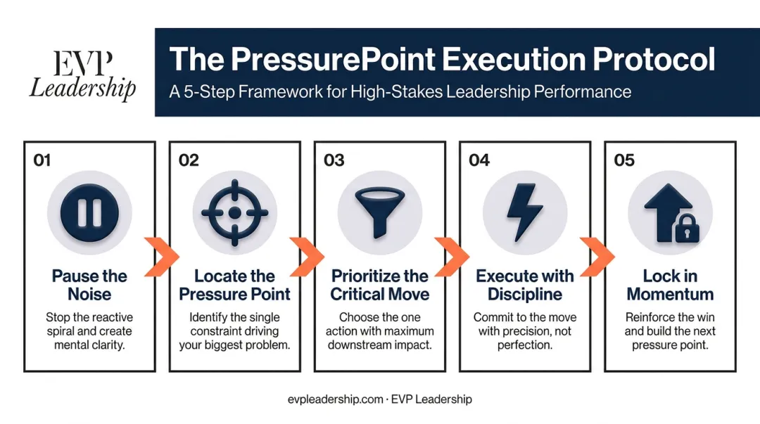 5-step PressurePoint execution protocol for high-stakes leadership decisions