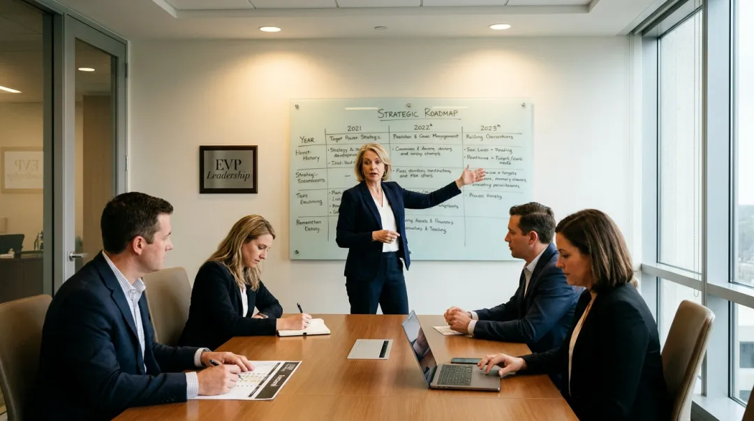 Executive leader reviewing strategic roadmap with leadership team in boardroom