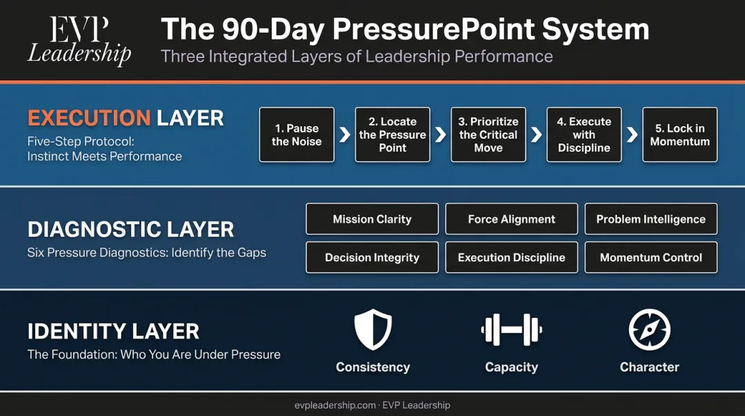 90-Day PressurePoint System three integrated leadership conditioning layers breakdown
