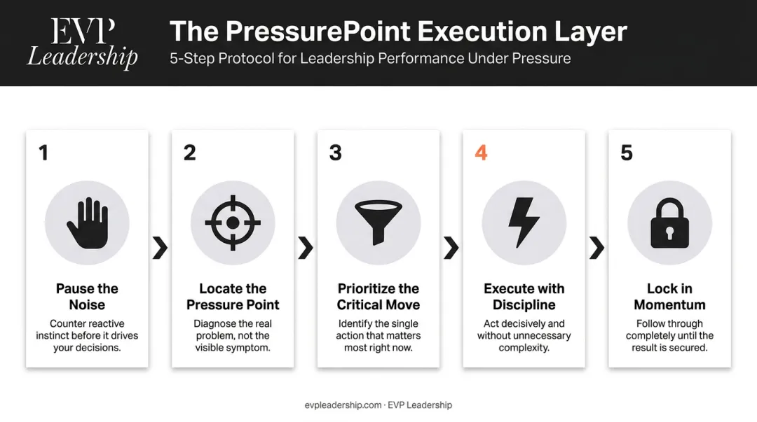 Five-step PressurePoint execution protocol for high-pressure executive decision making