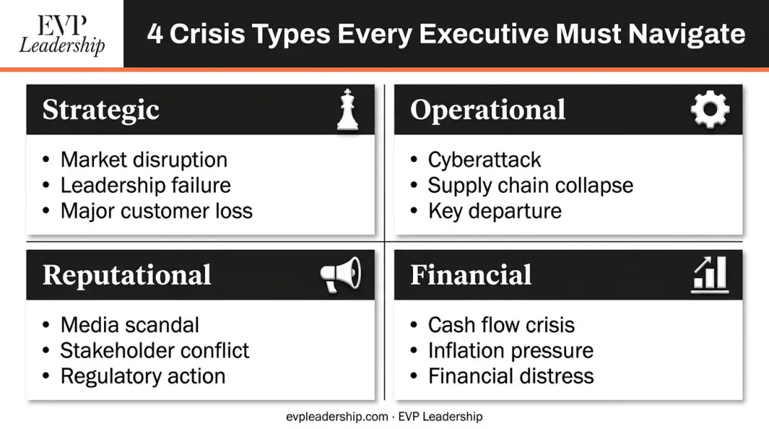 Four executive crisis types strategic operational reputational financial comparison infographic