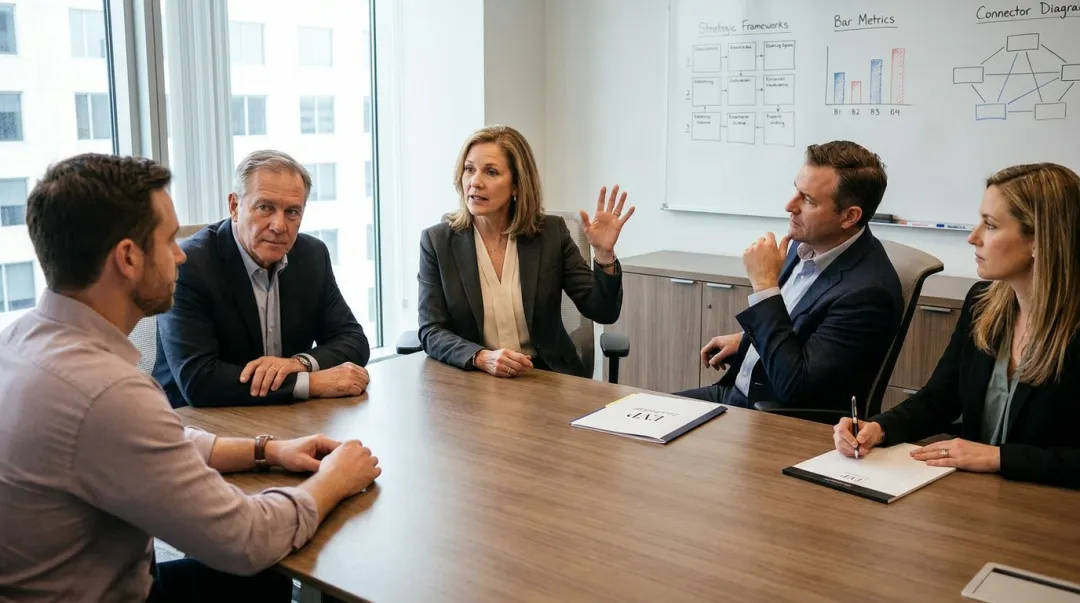 Senior leadership team engaged in candid high-trust collaborative discussion around boardroom table