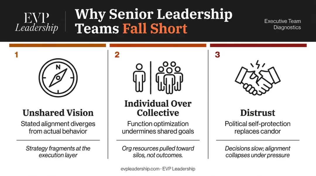Three senior leadership team failure modes unshared vision distrust individual priorities