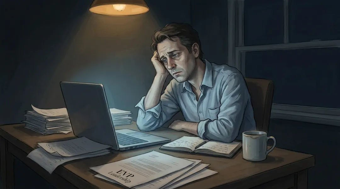 Exhausted small business owner overwhelmed at desk late at night working alone