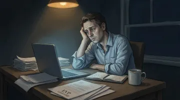 Exhausted small business owner overwhelmed at desk late at night working alone