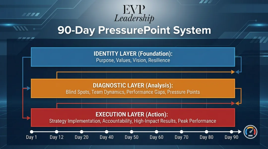 EVP Leadership 90-Day PressurePoint System framework showing three coaching layers