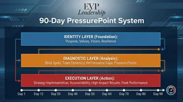 EVP Leadership 90-Day PressurePoint System framework showing three coaching layers