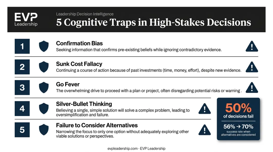 Five cognitive traps that sabotage high-stakes business decisions overview infographic