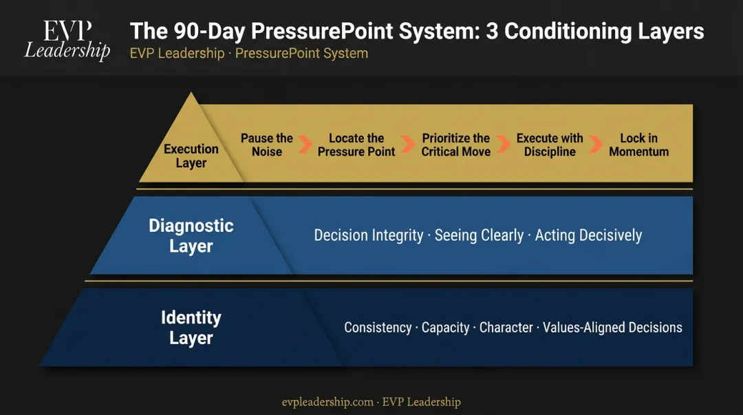 EVP Leadership 90-Day PressurePoint System three-layer conditioning model diagram