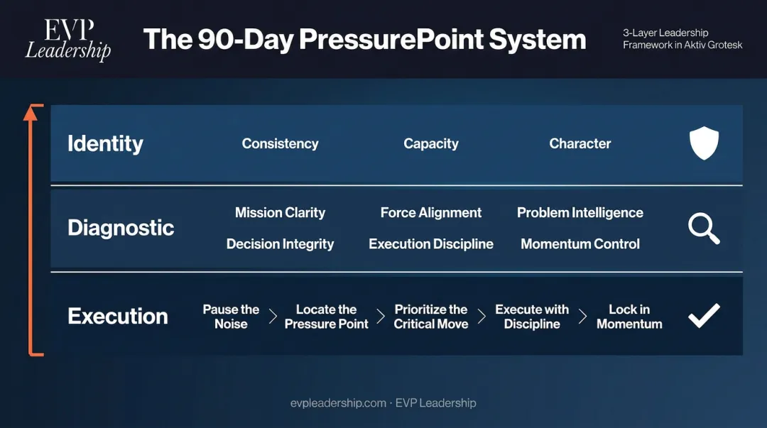 EVP Leadership 90-Day PressurePoint System three-layer coaching framework diagram
