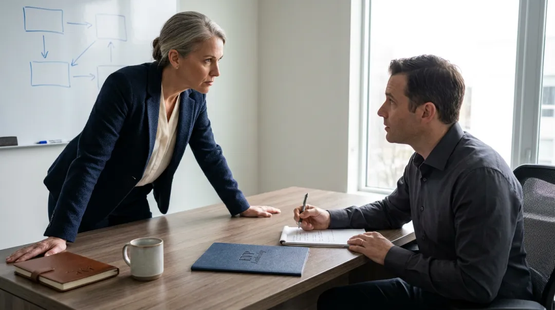 Executive coach and business leader engaged in direct strategy session discussion