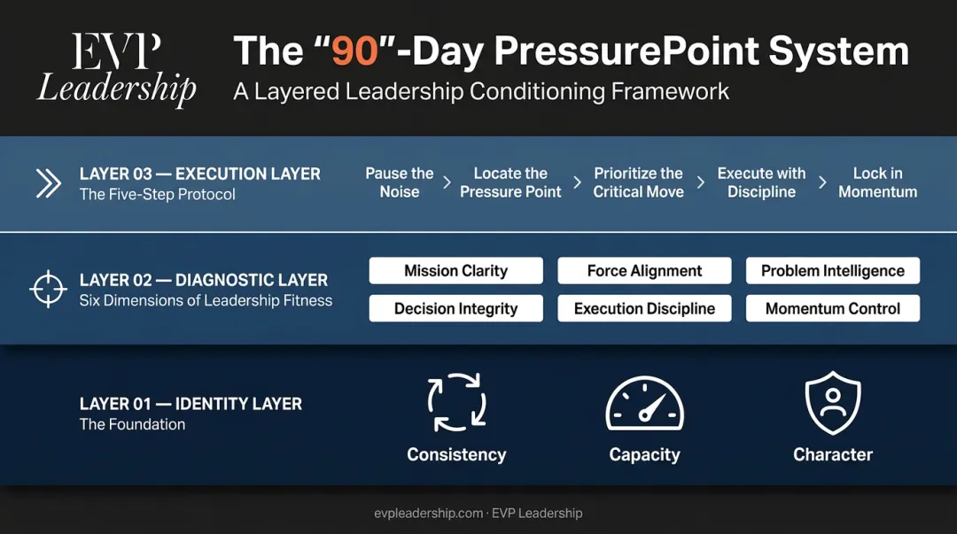 EVP Leadership 90-Day PressurePoint System three-layer structure for leadership conditioning