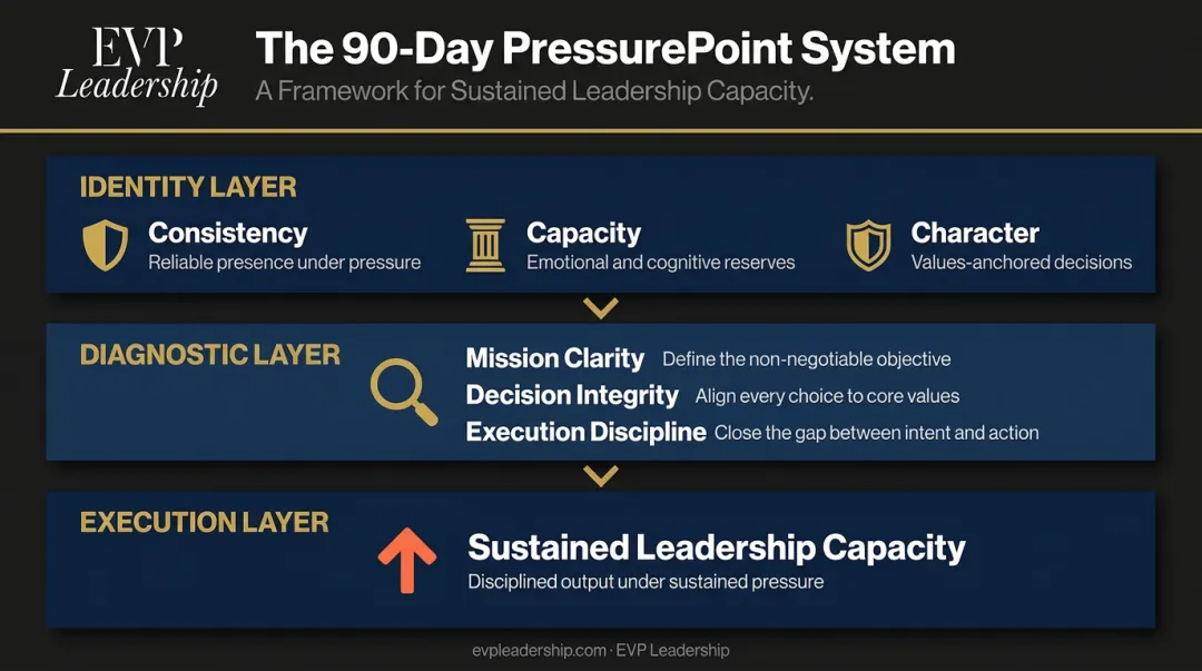 EVP Leadership 90-Day PressurePoint System three-layer framework infographic