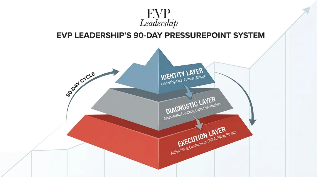 EVP Leadership 90-Day PressurePoint System three-layer framework diagram