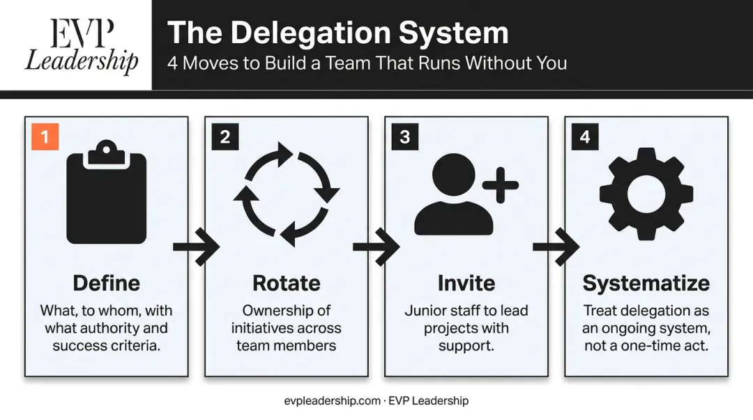Four-step distributed decision-making system infographic for reducing founder bottleneck