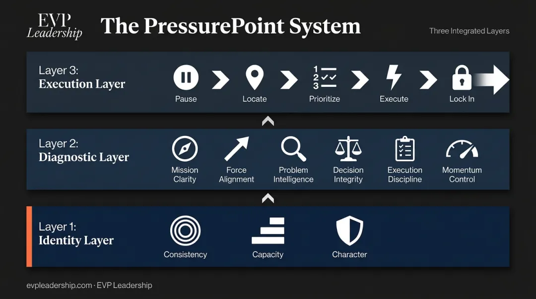 EVP Leadership 90-Day PressurePoint System three integrated layers process diagram