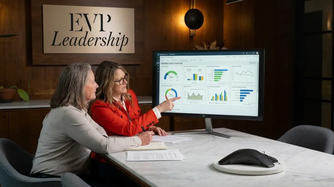 EVP Leadership advisor and entrepreneur collaborating on strategic plan execution