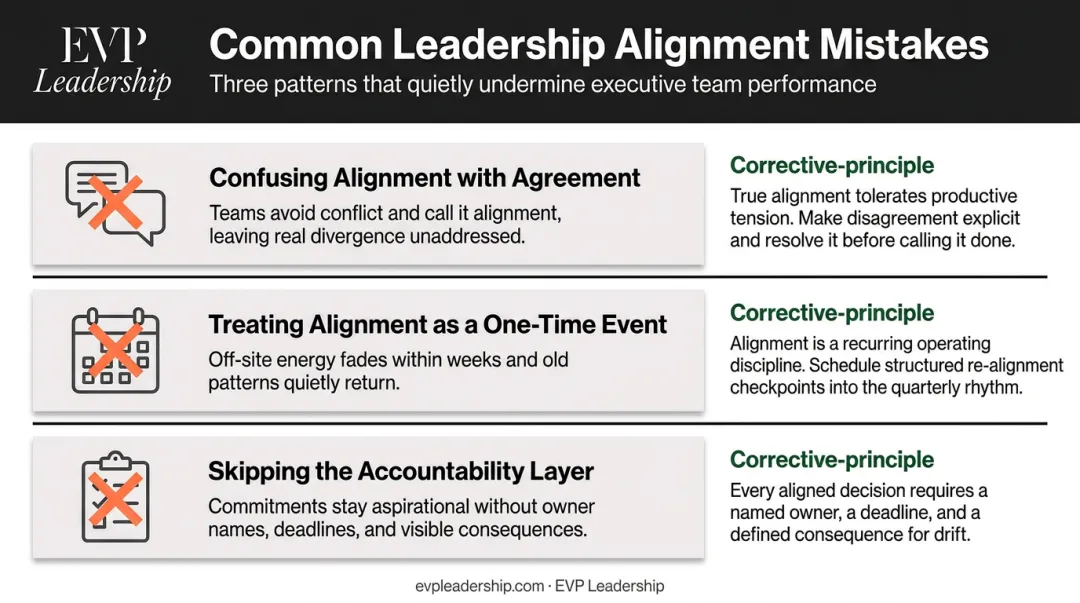 Three common leadership alignment mistakes confusing agreement treating as event skipping accountability