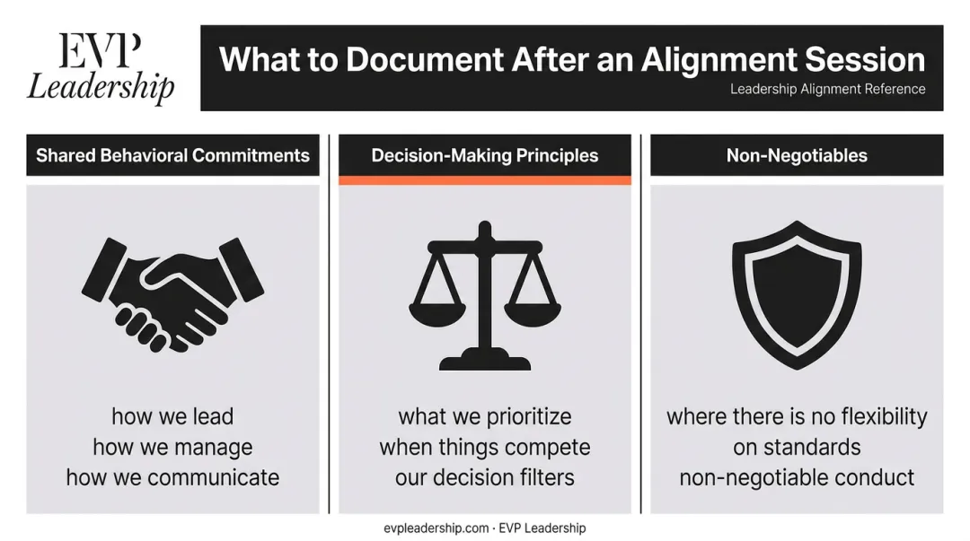 Three-category leadership alignment documentation framework commitments principles and non-negotiables