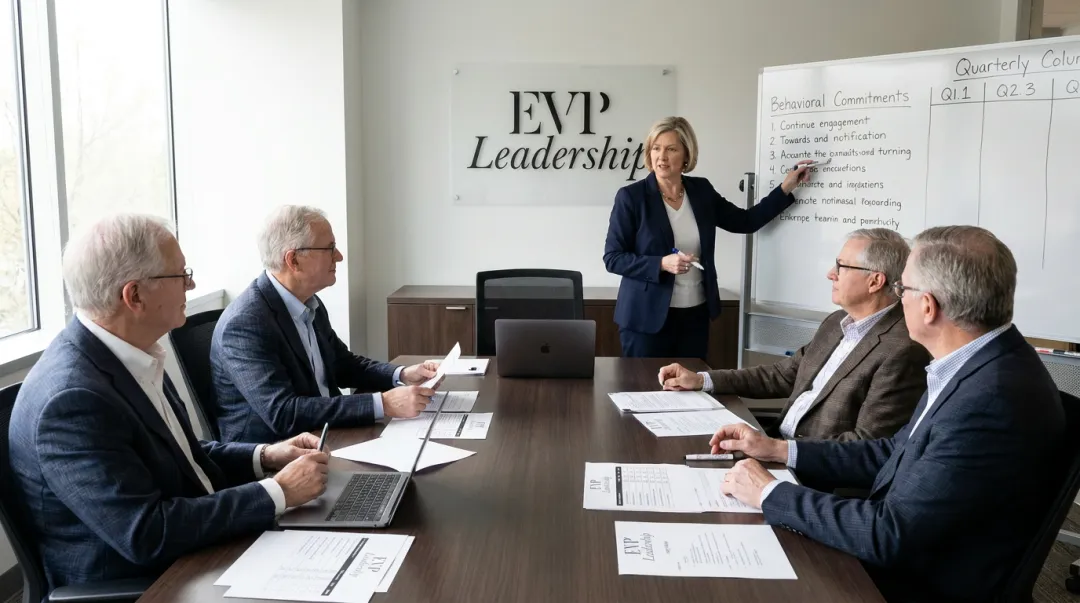 Executive leadership team in structured quarterly alignment review session around conference table