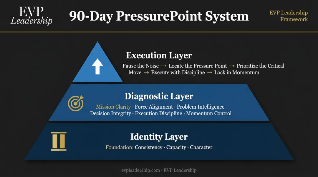EVP Leadership 90-Day PressurePoint System three-layer leadership conditioning framework