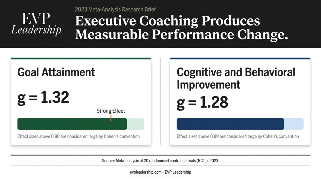 Executive coaching measurable outcomes comparison chart showing effect size research data