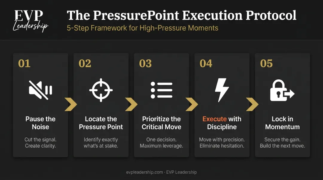 PressurePoint five-step execution protocol for high-pressure leadership decision-making moments