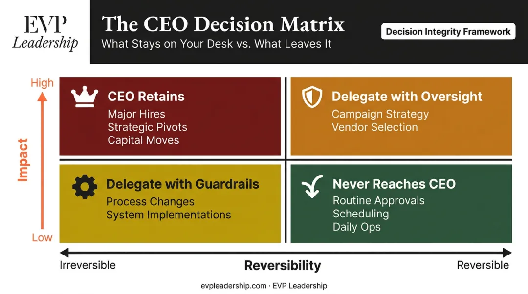 CEO delegation decision matrix mapping impact and reversibility across four quadrants