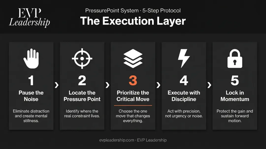 5-step EVP Leadership decision-making under pressure protocol flow