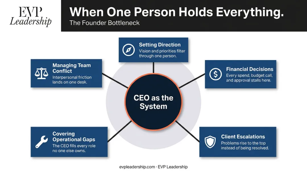 CEO founder bottleneck five root causes of structural executive burnout diagram