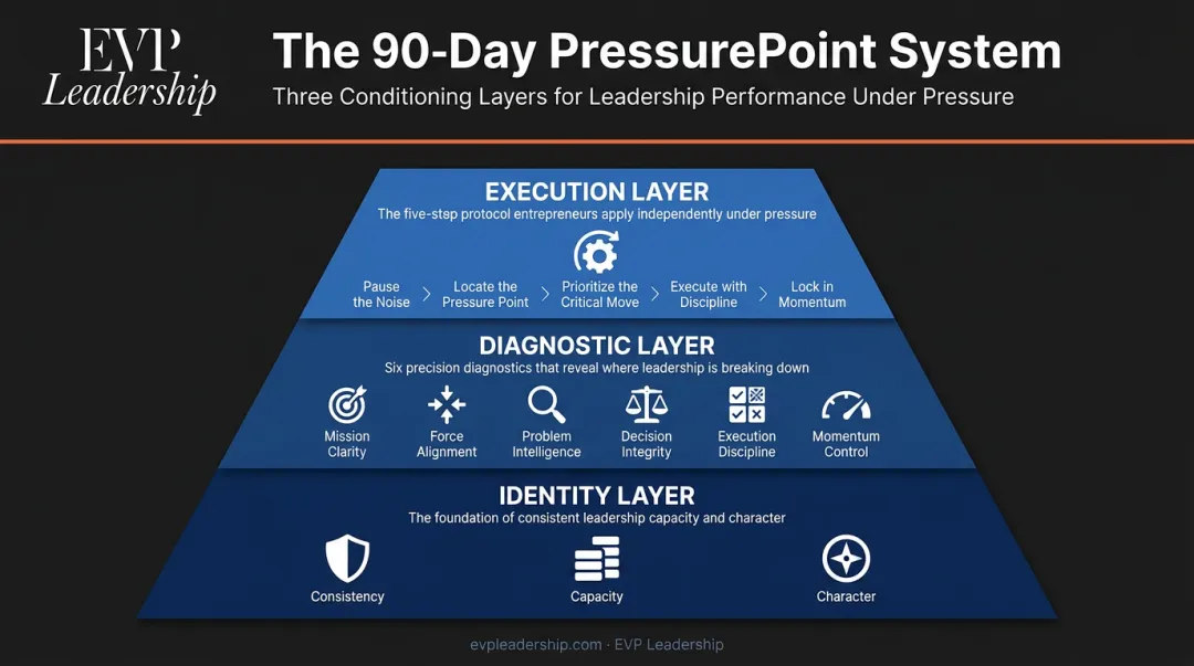 EVP Leadership 90-Day PressurePoint System three-layer conditioning framework diagram