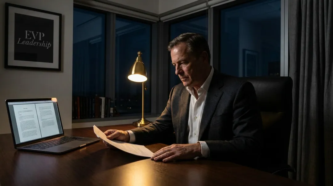 CEO leader facing subtle ethical compromise decision alone in executive office