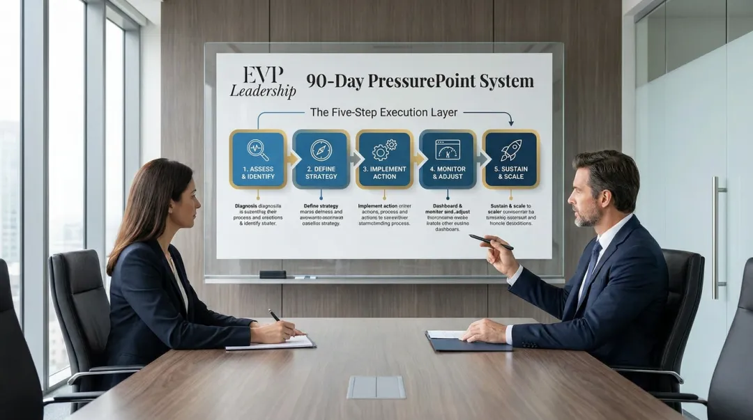 EVP Leadership 90-Day PressurePoint System five-step execution framework overview