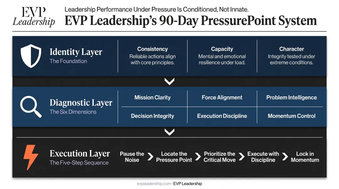 EVP Leadership 90-Day PressurePoint System three-layer framework process diagram