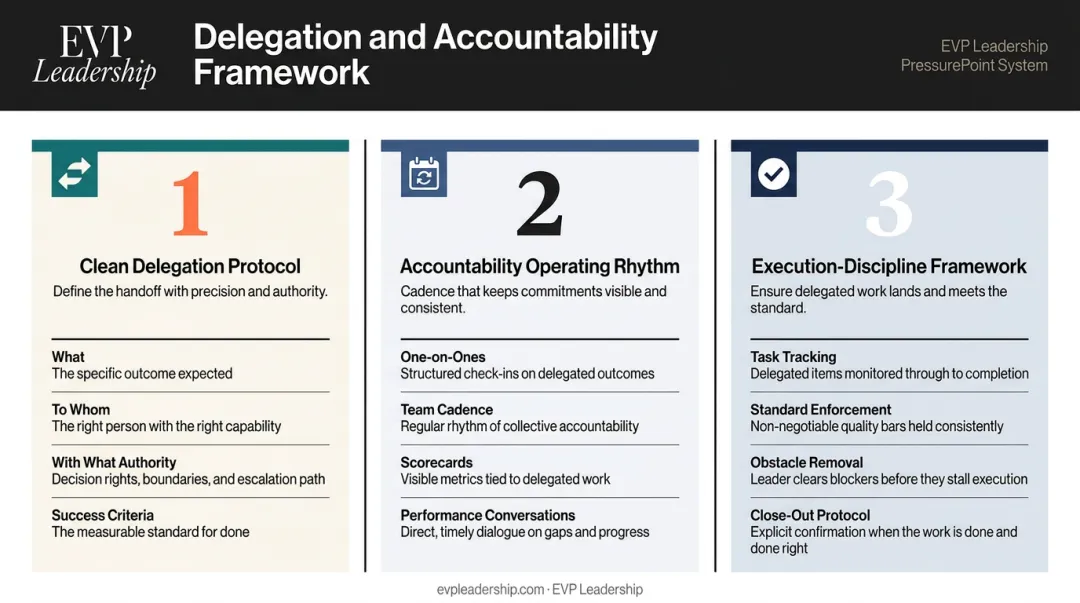 Three-system delegation and accountability framework for scaling business leaders