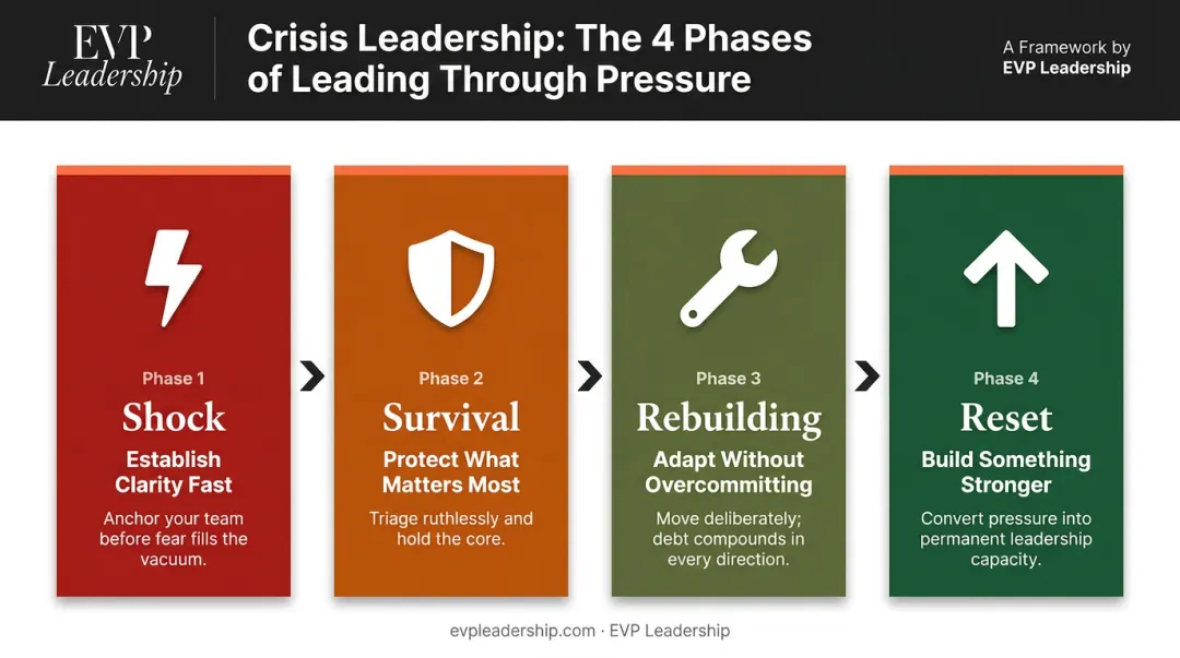 Four-phase crisis leadership framework from shock to reset infographic