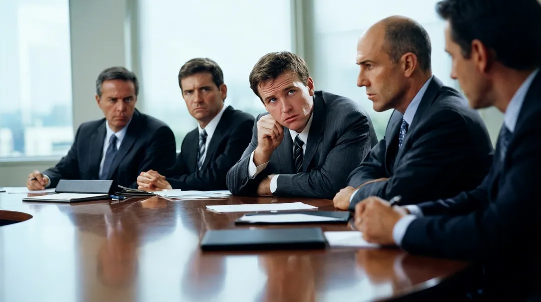 Corporate boardroom leadership meeting during organizational crisis and decision making