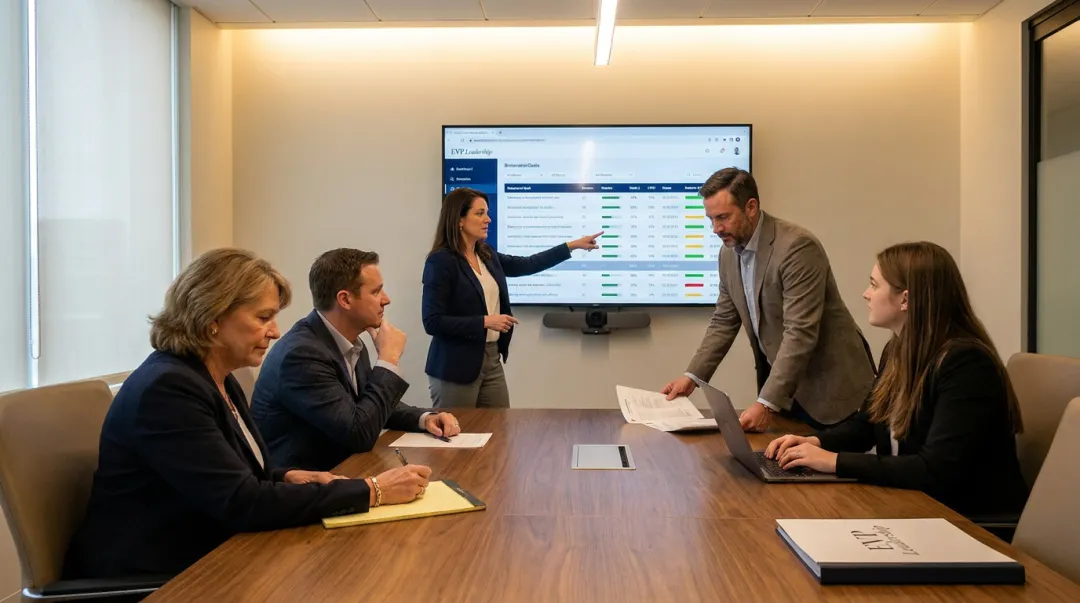 Leadership team visibly modeling aligned behaviors in executive meeting setting