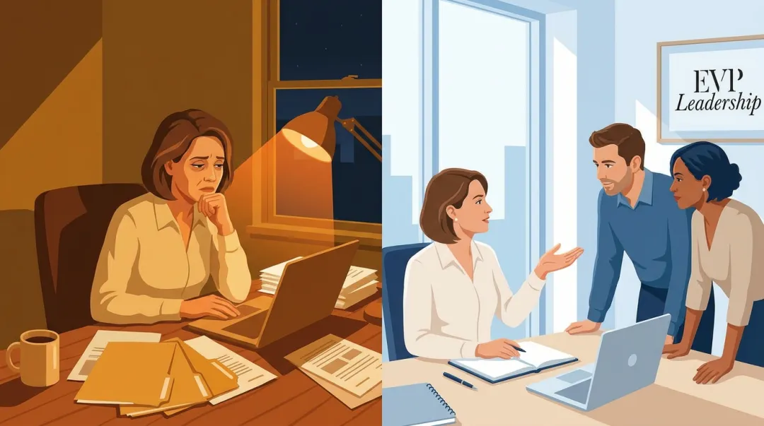 Exhausted business leader versus energized resilient leader contrast in office setting