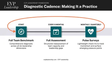 Leadership diagnostic frequency timeline showing benchmark pulse and quarterly survey cadence