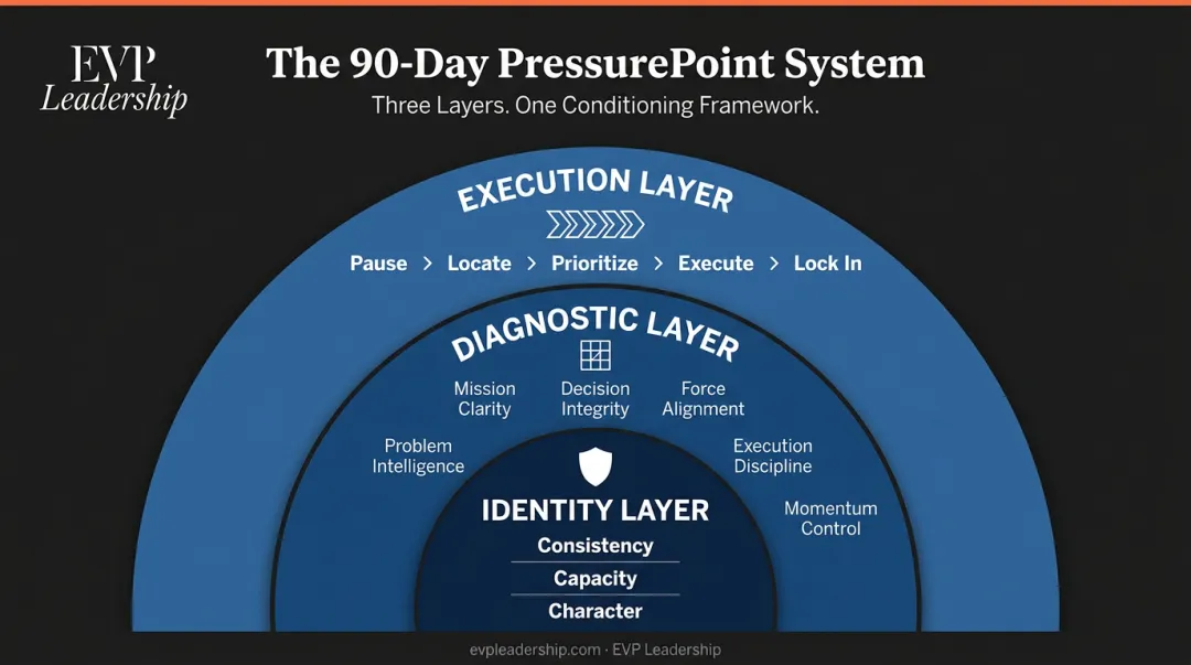 90-Day PressurePoint System three-layer crisis leadership conditioning framework diagram