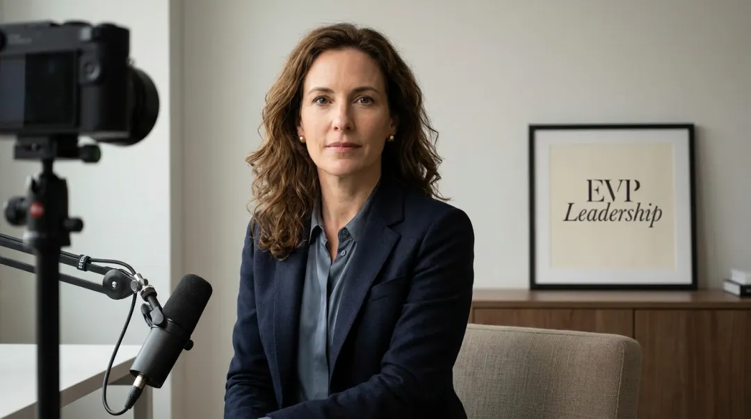 Executive spokesperson delivering on-camera crisis statement with visible composure and eye contact