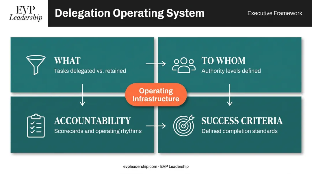 Four-component delegation and accountability operating system framework for founders
