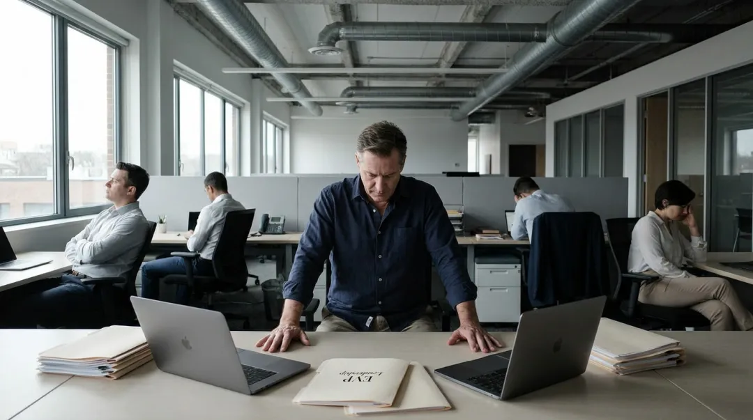 Burned out leader overwhelmed at desk while disengaged team members sit idle around them