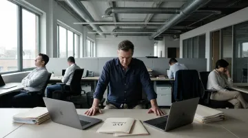 Burned out leader overwhelmed at desk while disengaged team members sit idle around them