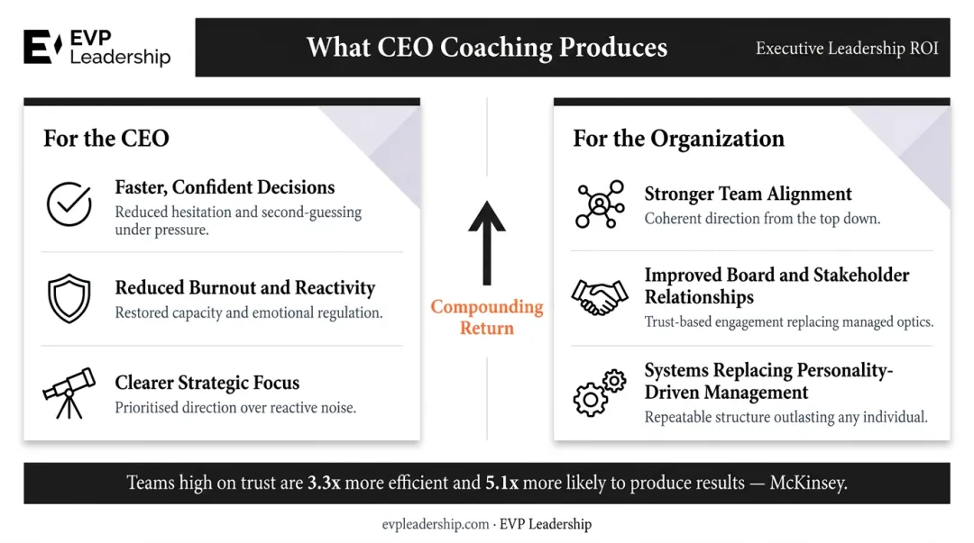 CEO coaching outcomes individual and organizational results measurable impact infographic