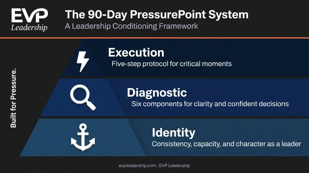 EVP Leadership 90-Day PressurePoint System three-layer framework diagram