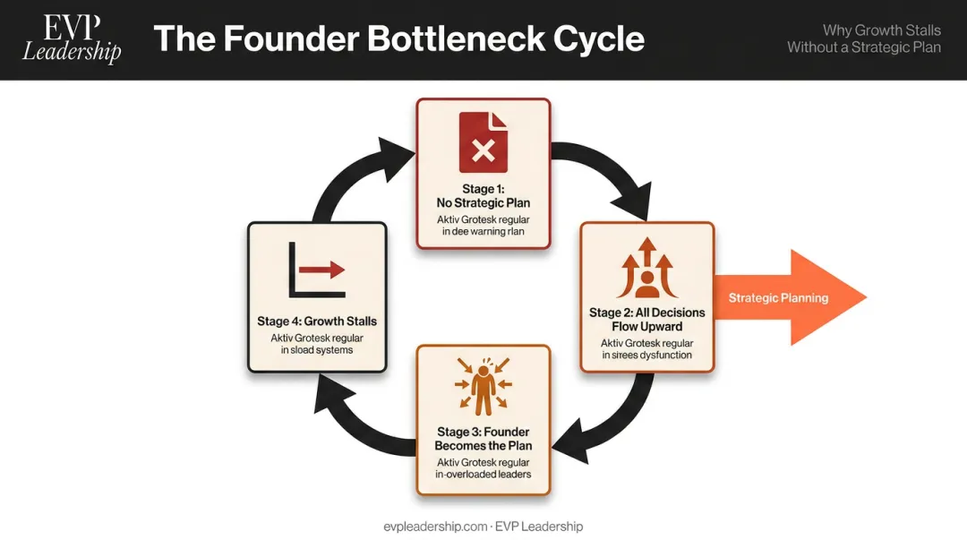 Founder bottleneck cycle showing decision flow stalling strategic leadership growth