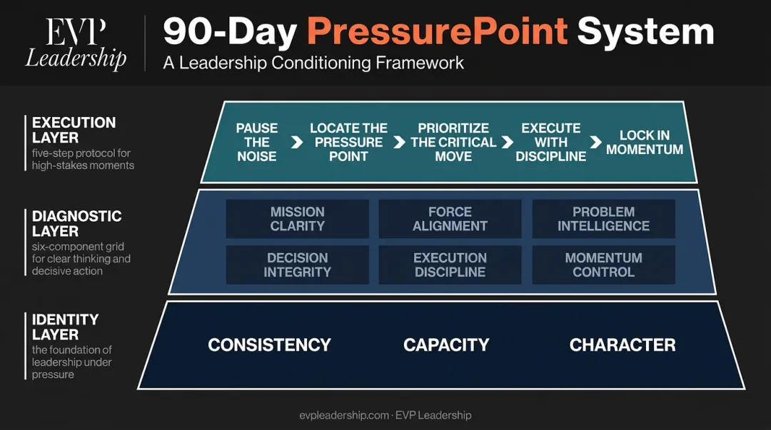 EVP Leadership 90-Day PressurePoint System three-layer framework identity diagnostic execution
